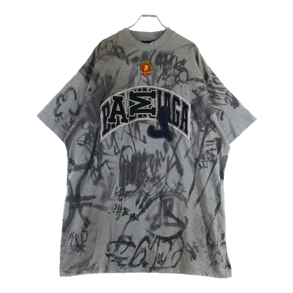 BALENCIAGA(バレンシアガ) 23SS 1300 Skater デストロイ加工 ワッペン 半袖Tシャツ カットソー グレー 739028 TOVA7