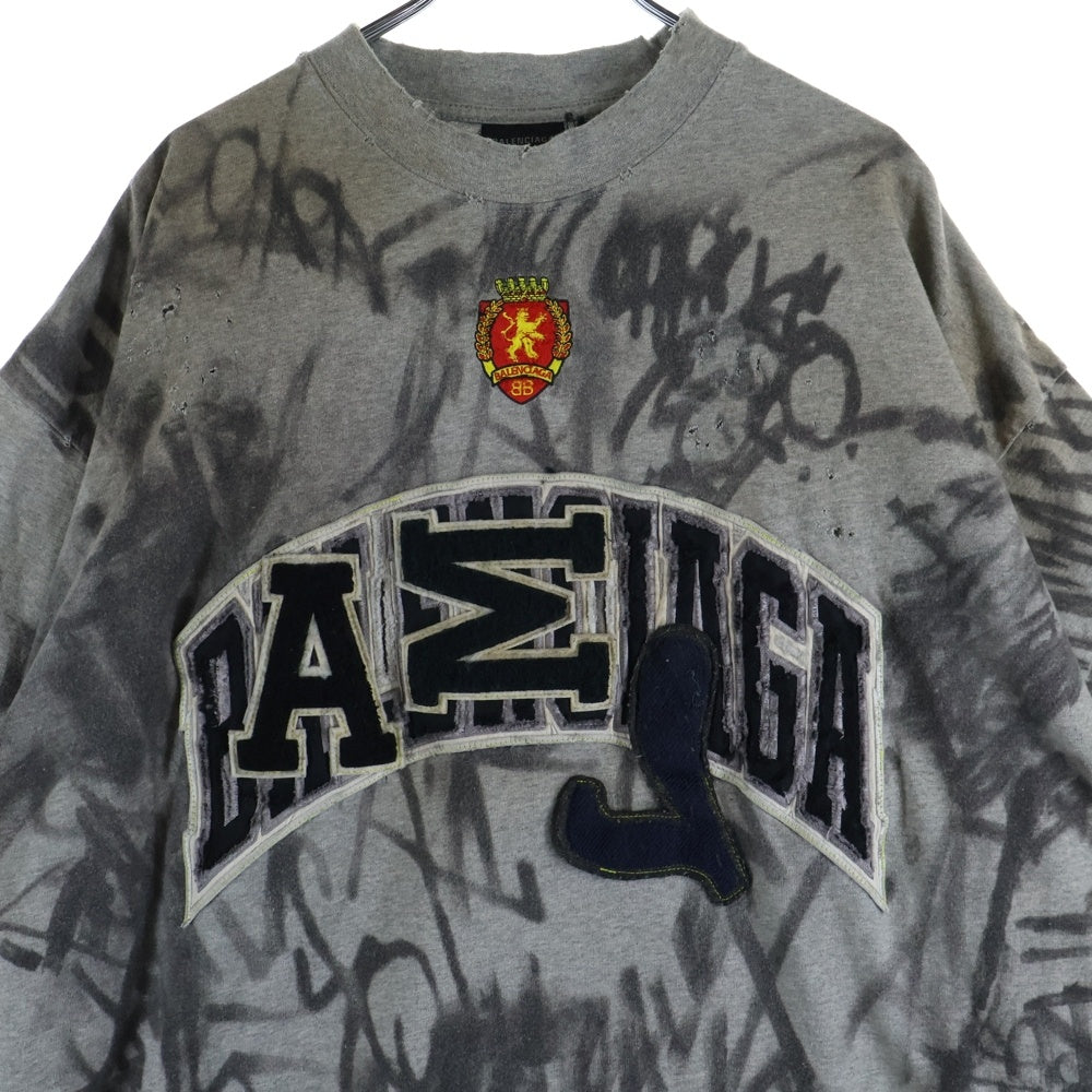 BALENCIAGA(バレンシアガ) 23SS 1300 Skater デストロイ加工 ワッペン 半袖Tシャツ カットソー グレー 739028 TOVA7