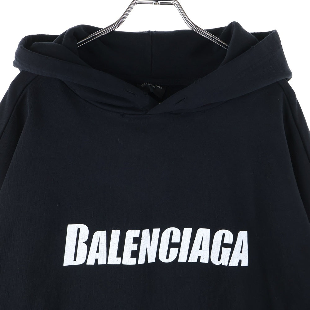 BALENCIAGA(バレンシアガ) 22AW Destroyed Logo-Print Hoodie デストロイダメージ加工 ロゴプリント スウェット プルオーバーパーカー フーディー ブラック 729361 TNVL2