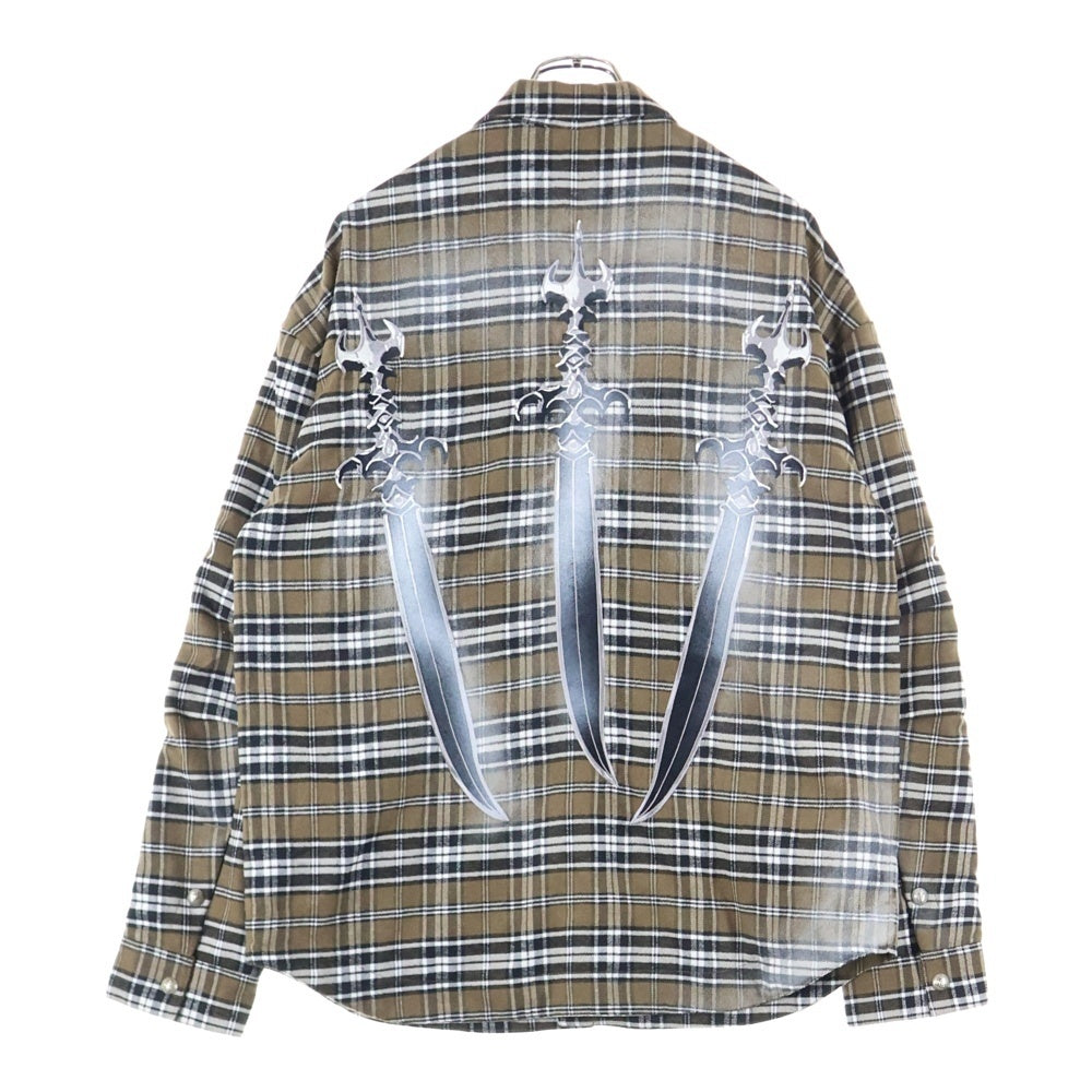 THUG CLUB(サグクラブ) ソード刺繍 チェック フランネルシャツ 長袖シャツ ブラウン TC24SH2002