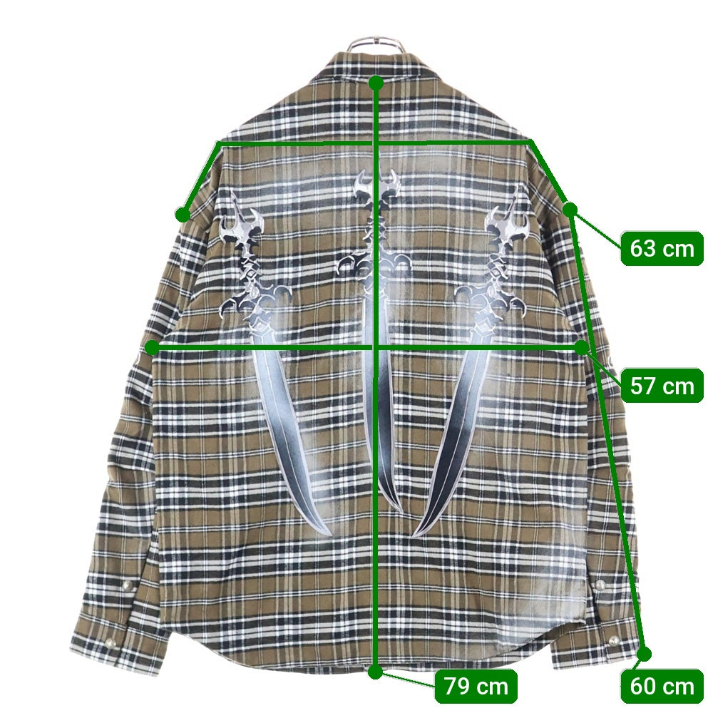 THUG CLUB(サグクラブ) ソード刺繍 チェック フランネルシャツ 長袖シャツ ブラウン TC24SH2002