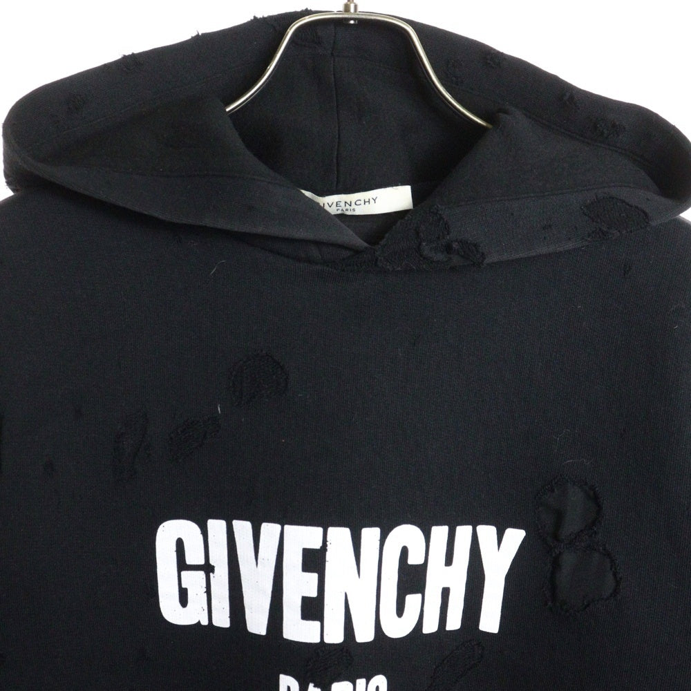 GIVENCHY(ジバンシィ) Destroyed Logo Pullover デストロイ加工 ロゴプリント プルオーバーパーカー フーディー ブラック BM703A3Y0S