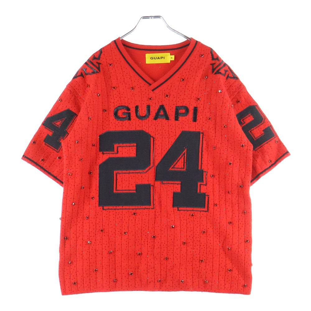 GUAPI(グアピ) ラインストーン装飾 半袖Tシャツ カットソー レッド