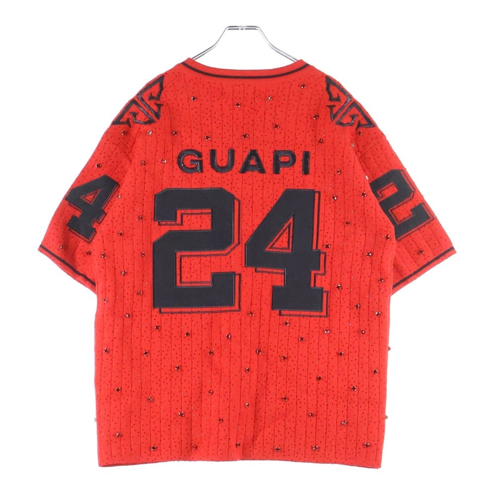 GUAPI(グアピ) ラインストーン装飾 半袖Tシャツ カットソー レッド