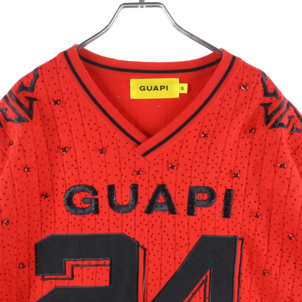 GUAPI(グアピ) ラインストーン装飾 半袖Tシャツ カットソー レッド