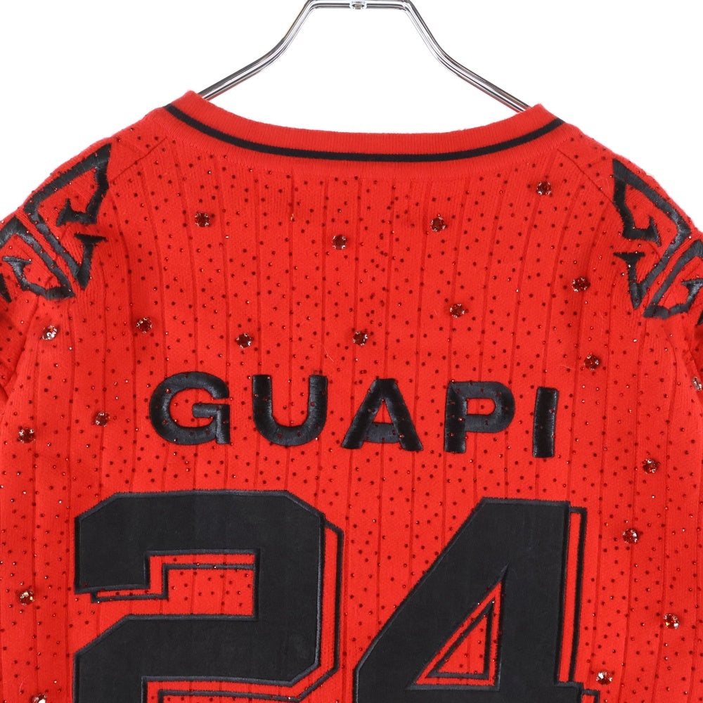 GUAPI(グアピ) ラインストーン装飾 半袖Tシャツ カットソー レッド