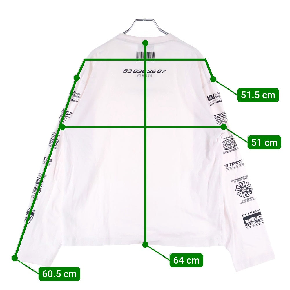 VETEMENTS(ヴェトモン) アームプリント 長袖Tシャツ ロンT カットソー ホワイト VL12TR300W