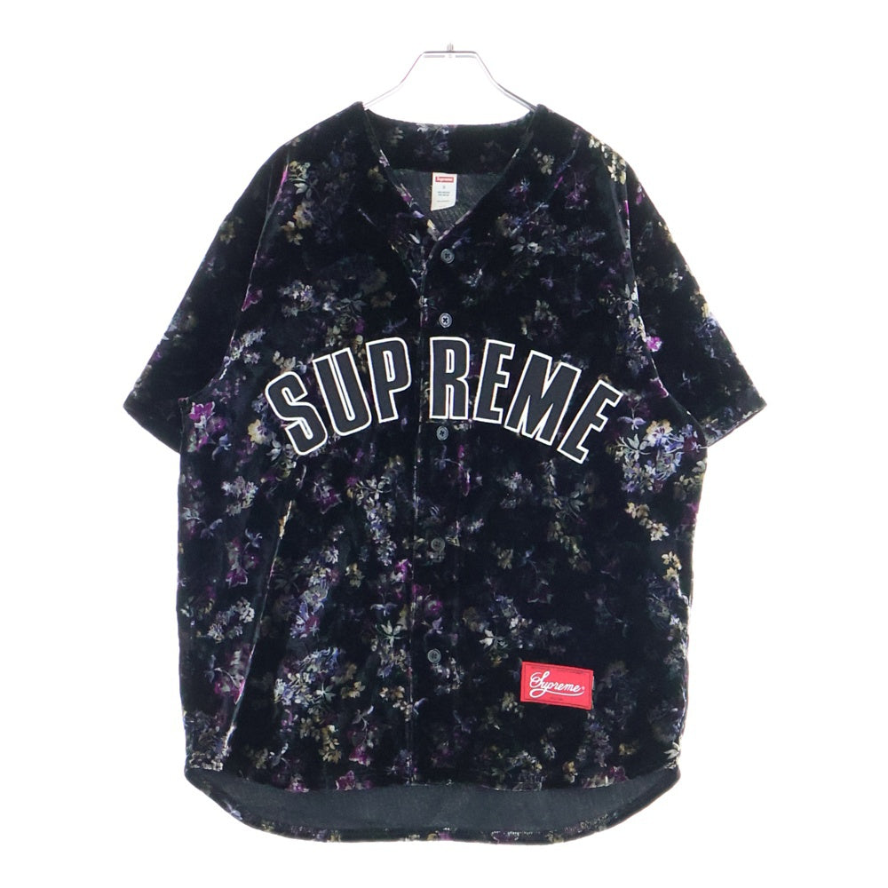 SUPREME(シュプリーム) 19AW Floral Velour Baseball Jersey フローラル ベロアベースボールシャツ アーチロゴ ベルベット 半袖シャツ ブラック