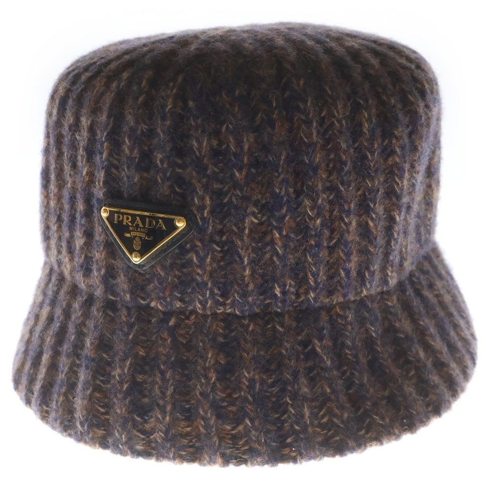 PRADA プラダ トライアングルロゴ メランジニット バケットハット ブラウン PRADA(プラダ) トライアングルロゴ メランジニット バケットハット