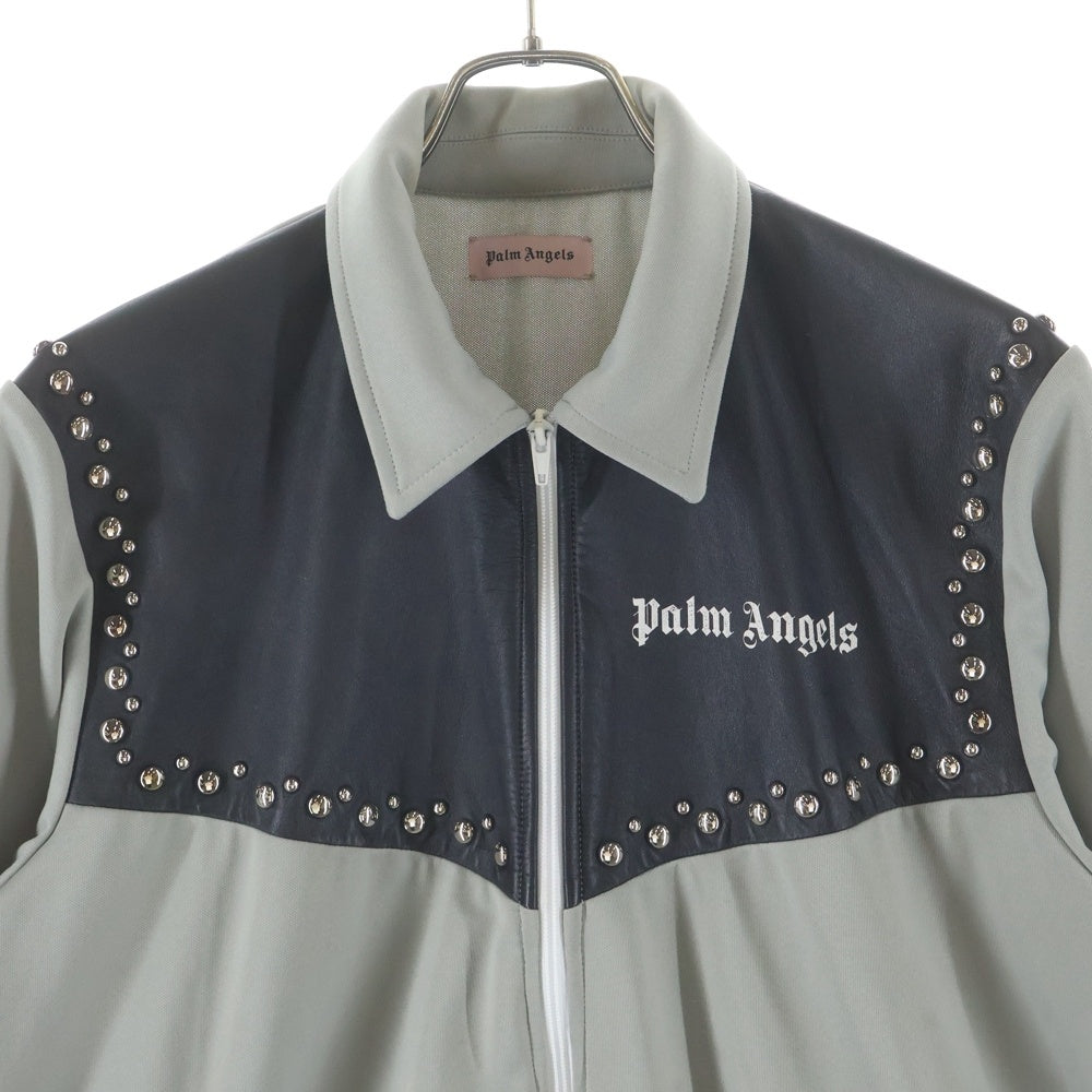 Palm Angels(パームエンジェルス) スタッズ レザー切替 トラックジャケット ジップアップトレーナー モスグリーン/ブラック PMBD010F18384004