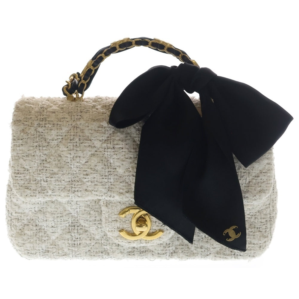 CHANEL(シャネル) ツイード マトラッセ 2WAYリボン付き ショルダーバッグ ホワイト/ブラック/ゴールド レディース