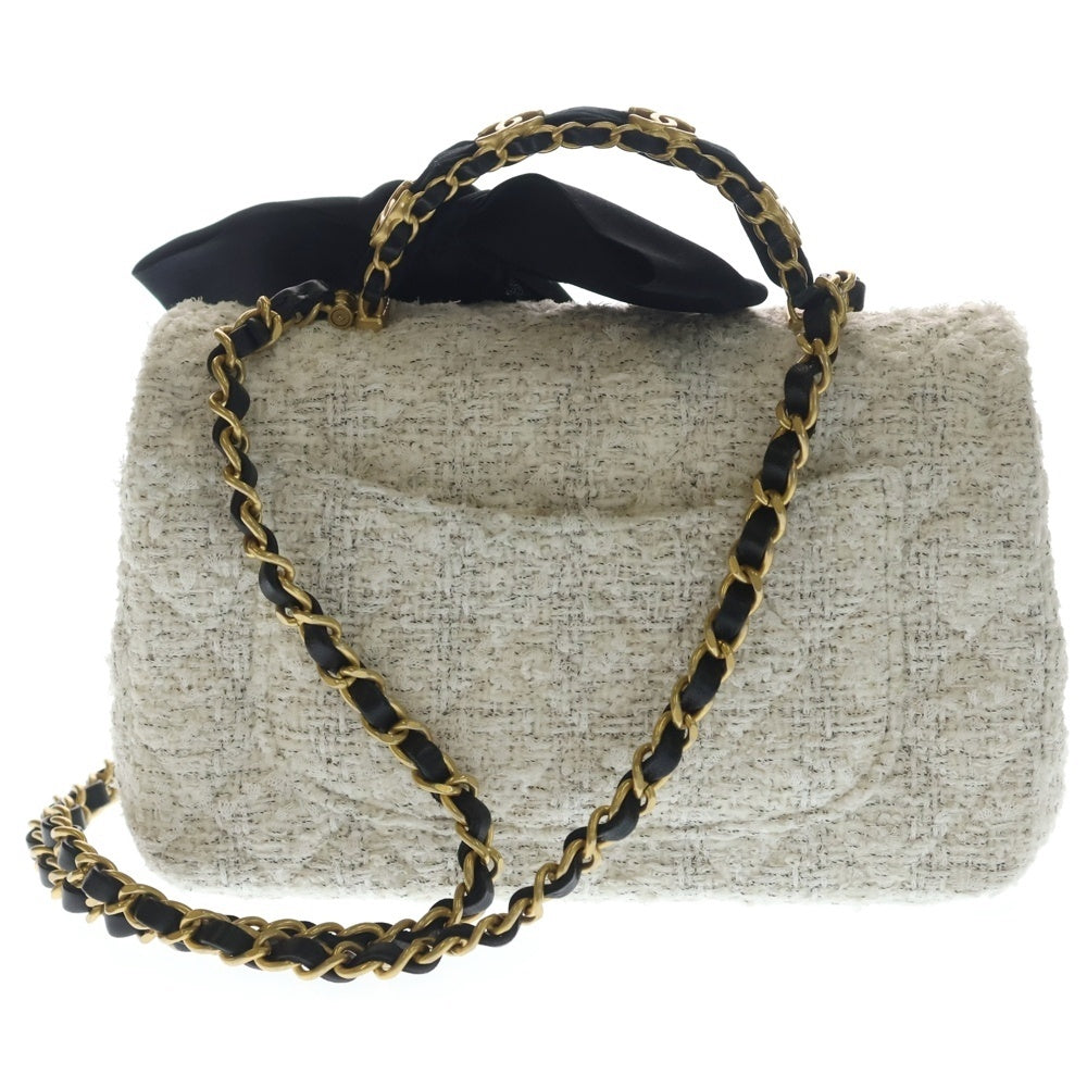 CHANEL(シャネル) ツイード マトラッセ 2WAYリボン付き ショルダーバッグ ホワイト/ブラック/ゴールド レディース
