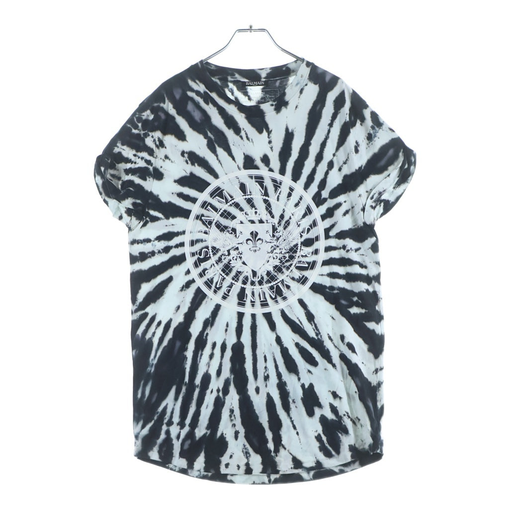 BALMAIN(バルマン) タイダイ柄 エンブレム刺繍半袖Tシャツ カットソー ホワイト/ブラック S8H8106J146