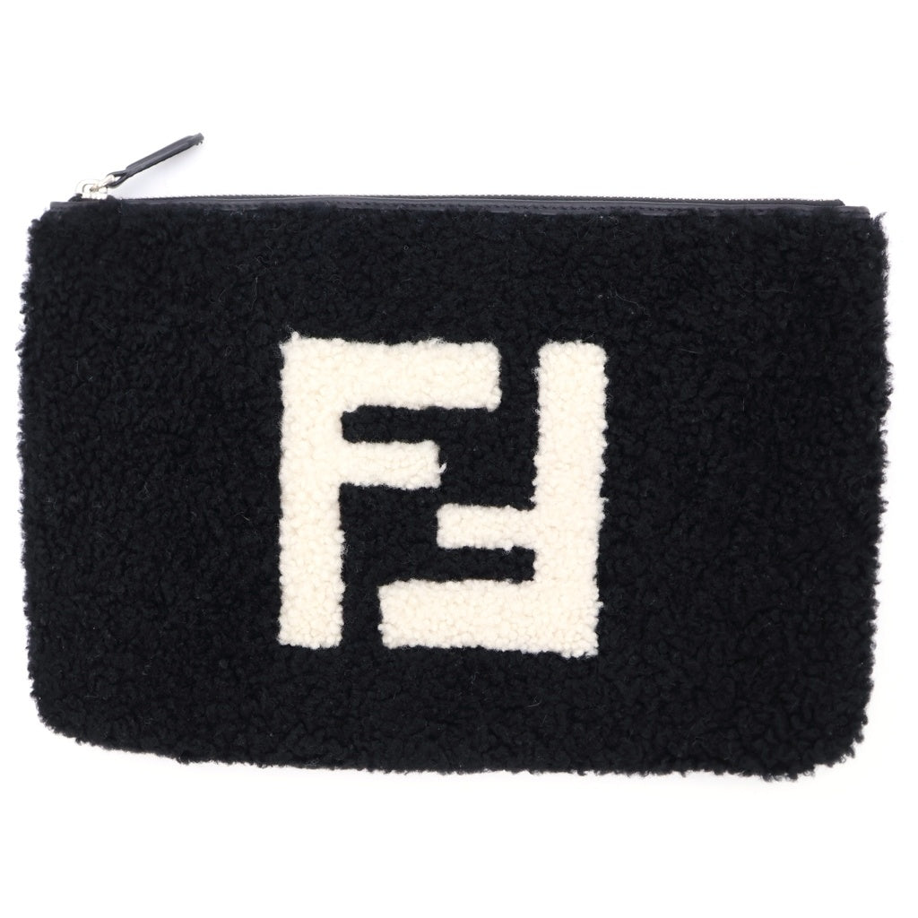FENDI(フェンディ) ムートンポーチ ロゴデザイン クラッチバック ハンドバック ブラック/ホワイト レディース