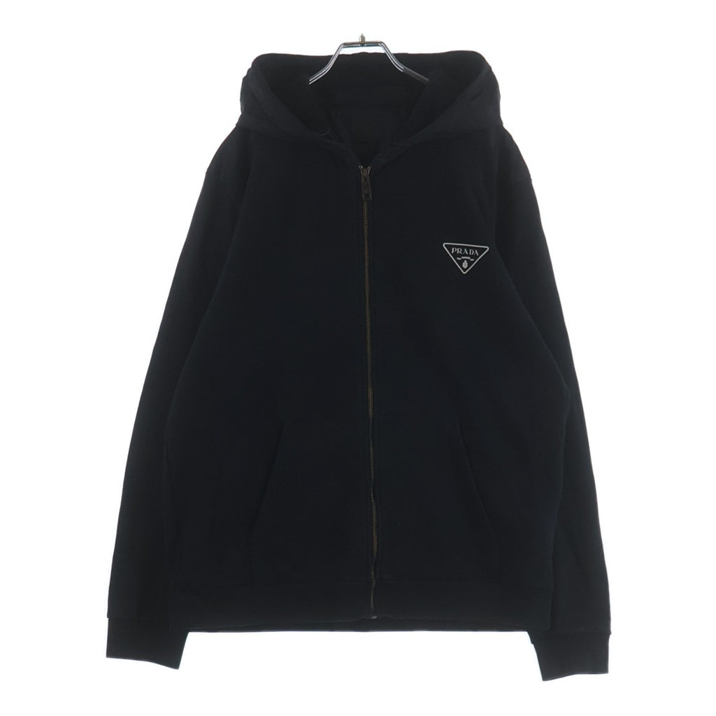 PRADA(プラダ) Cotton Logo Hoodie トライアングルロゴプリントスウェットプルオーバーパーカー ブラック ULJ19A R232