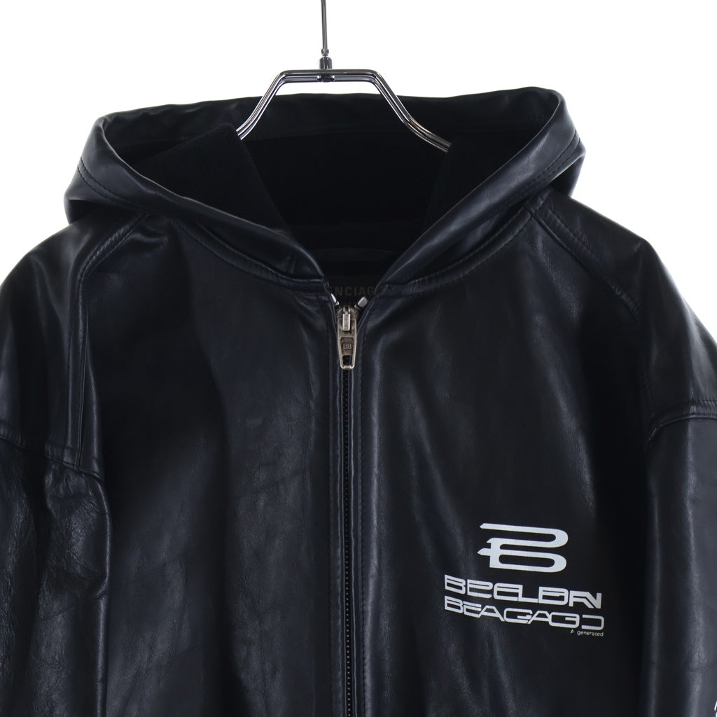BALENCIAGA(バレンシアガ) 24AW LINED ZIP-UP HOODIE JACKET フロントロゴプリント ジップアップ レザーフーデットジャケット ブラック 790311 TQS15
