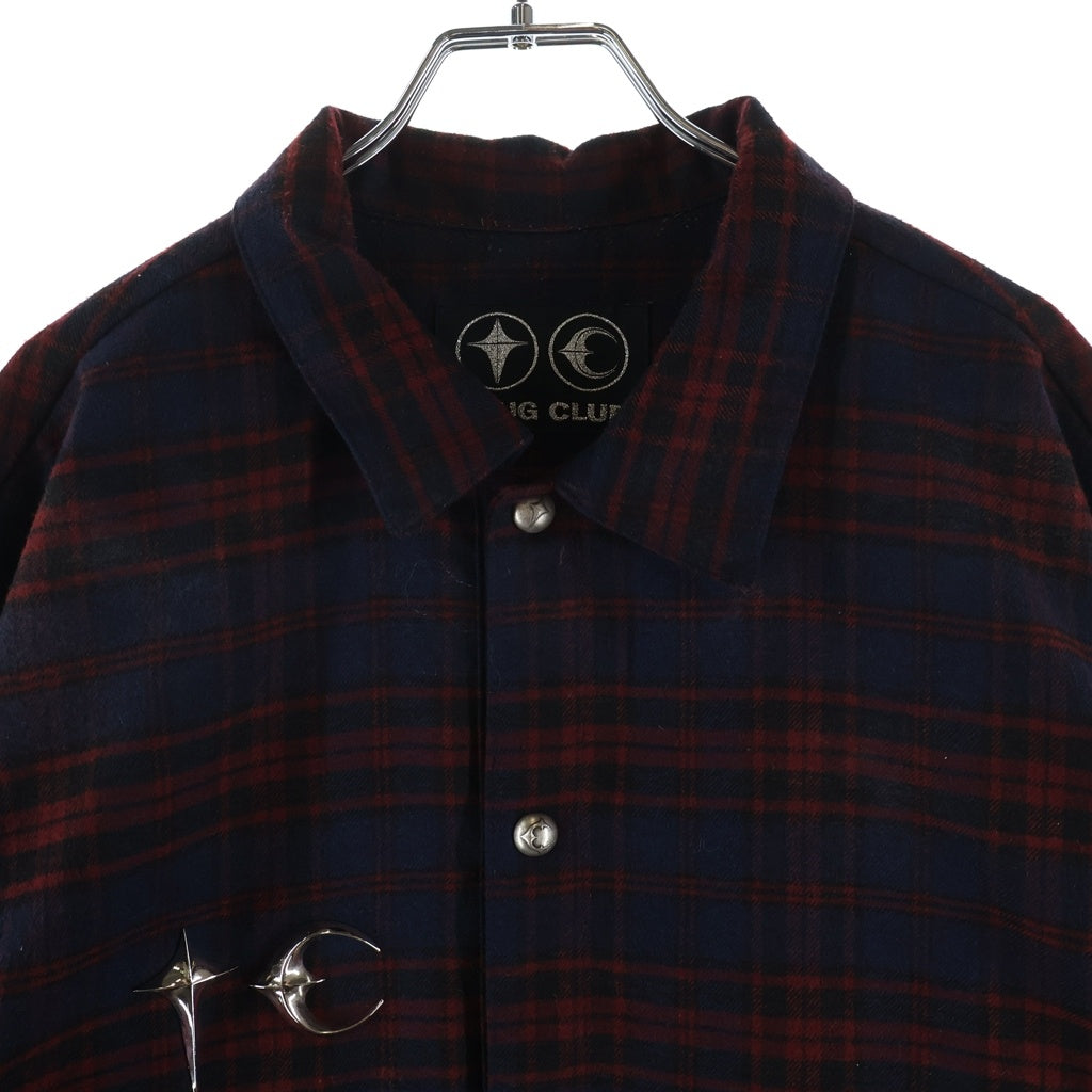 THUG CLUB(サグクラブ) 24AW Arab Sword Flannel Shirt アラブソード 袖 バック刺繍 ロゴプレート チェック総柄 フランネル スナップボタン 長袖シャツ TC24SH2003