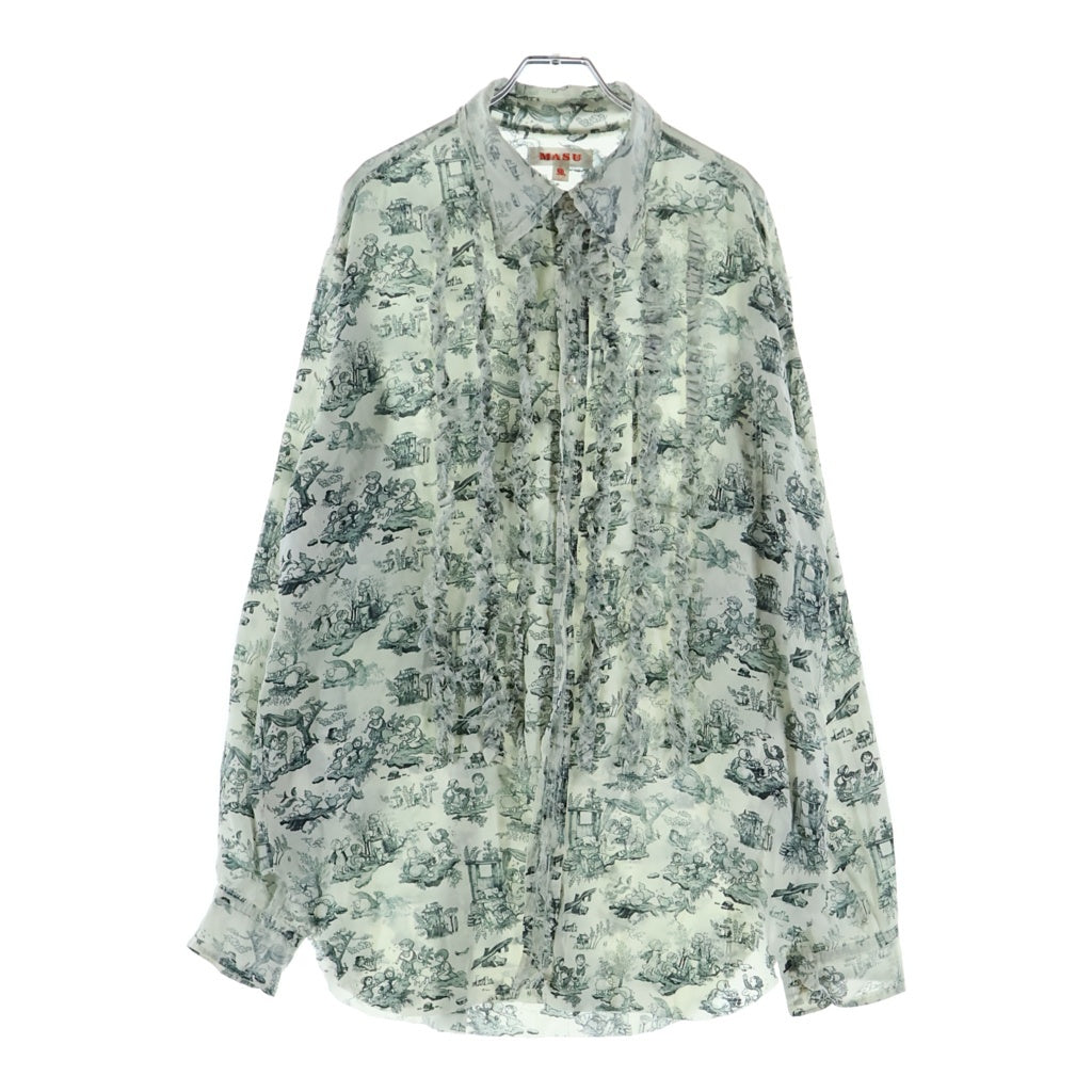 MASU(エムエーエスユー) 23AW COMIC TOILE DE JOUY FRILL SHIRTS 総柄シルクシャツ フリル長袖シャツ ホワイト レディース