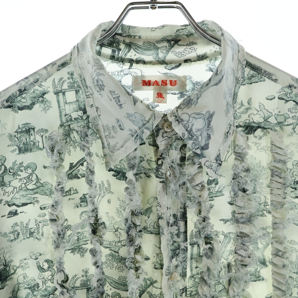 MASU(エムエーエスユー) 23AW COMIC TOILE DE JOUY FRILL SHIRTS 総柄シルクシャツ フリル長袖シャツ ホワイト レディース