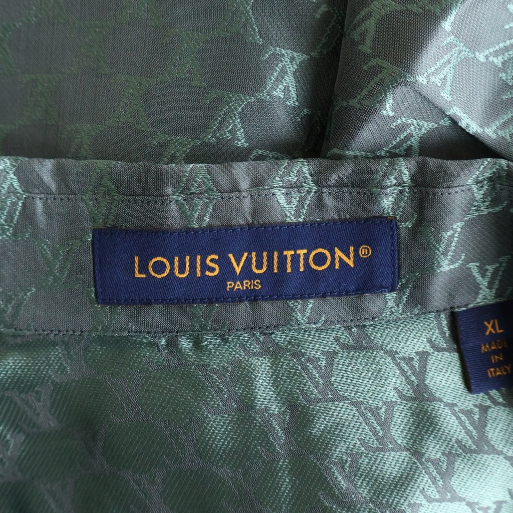 LOUIS VUITTON(ルイヴィトン) 24AW LVロゴ総柄 ジャカードモノグラム シルクブレンドオープンカラー半袖シャツ グリーン RM242MM KSY HRS30W