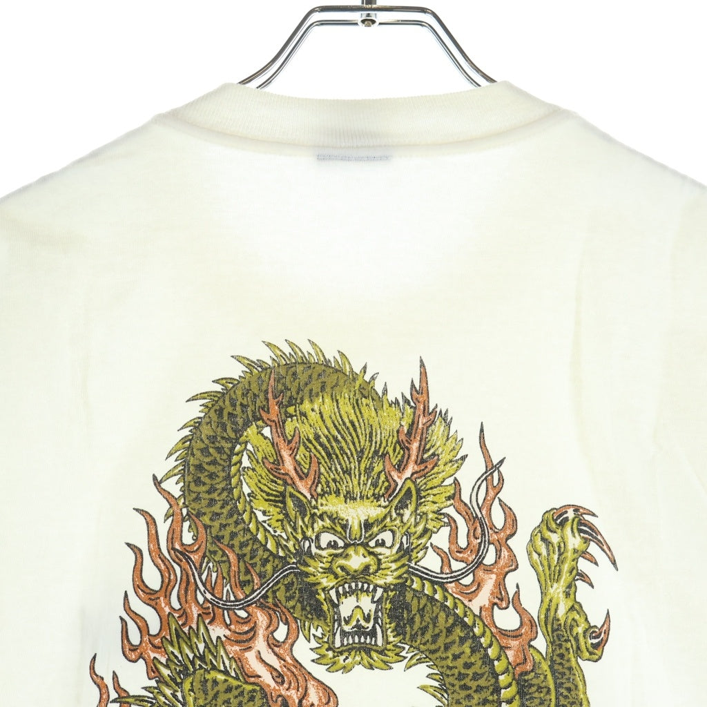 STUSSY(ステューシー) 90S OLD STTUSY USA製 紺タグ バックドラゴンプリントクルーネック半袖カットソーTシャツ ホワイト