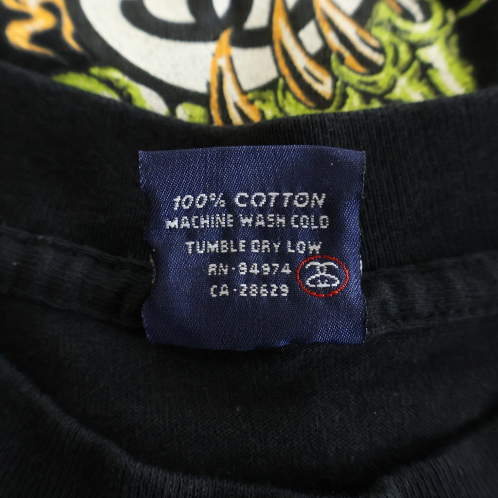 STUSSY(ステューシー) 90S OLD STUSSY USA製 紺タグ バックドラゴンプリントクルーネック半袖カットソーTシャツ ブラック