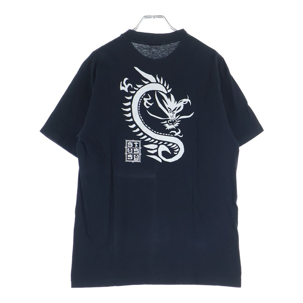 STUSSY(ステューシー) 90S OLD STTUSY USA製 紺タグ バック切絵風ドラゴンプリントクルーネック半袖カットソーTシャツ ブラック/ホワイト