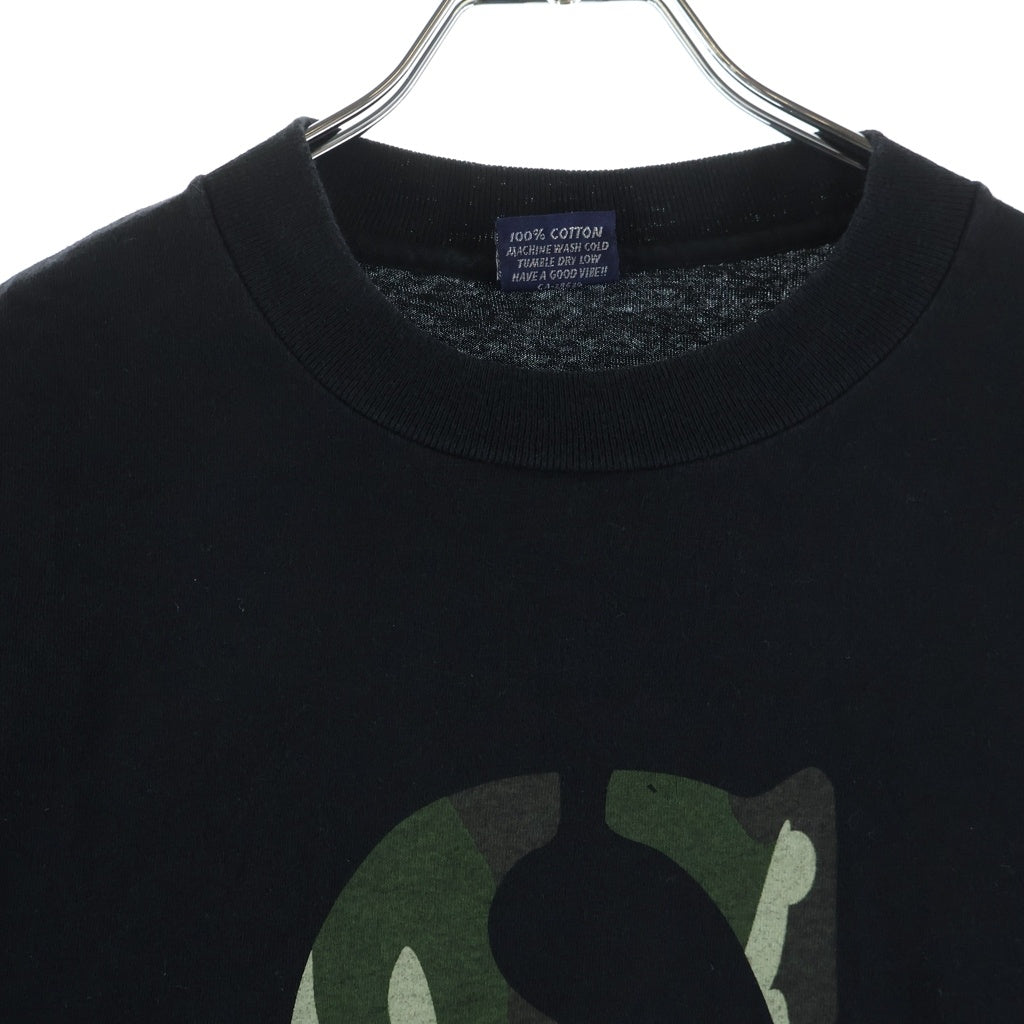 STUSSY(ステューシー) 90S OLD STTUSY USA製 紺タグ フロント迷彩ロゴプリントクルーネック半袖カットソーTシャツ ブラック