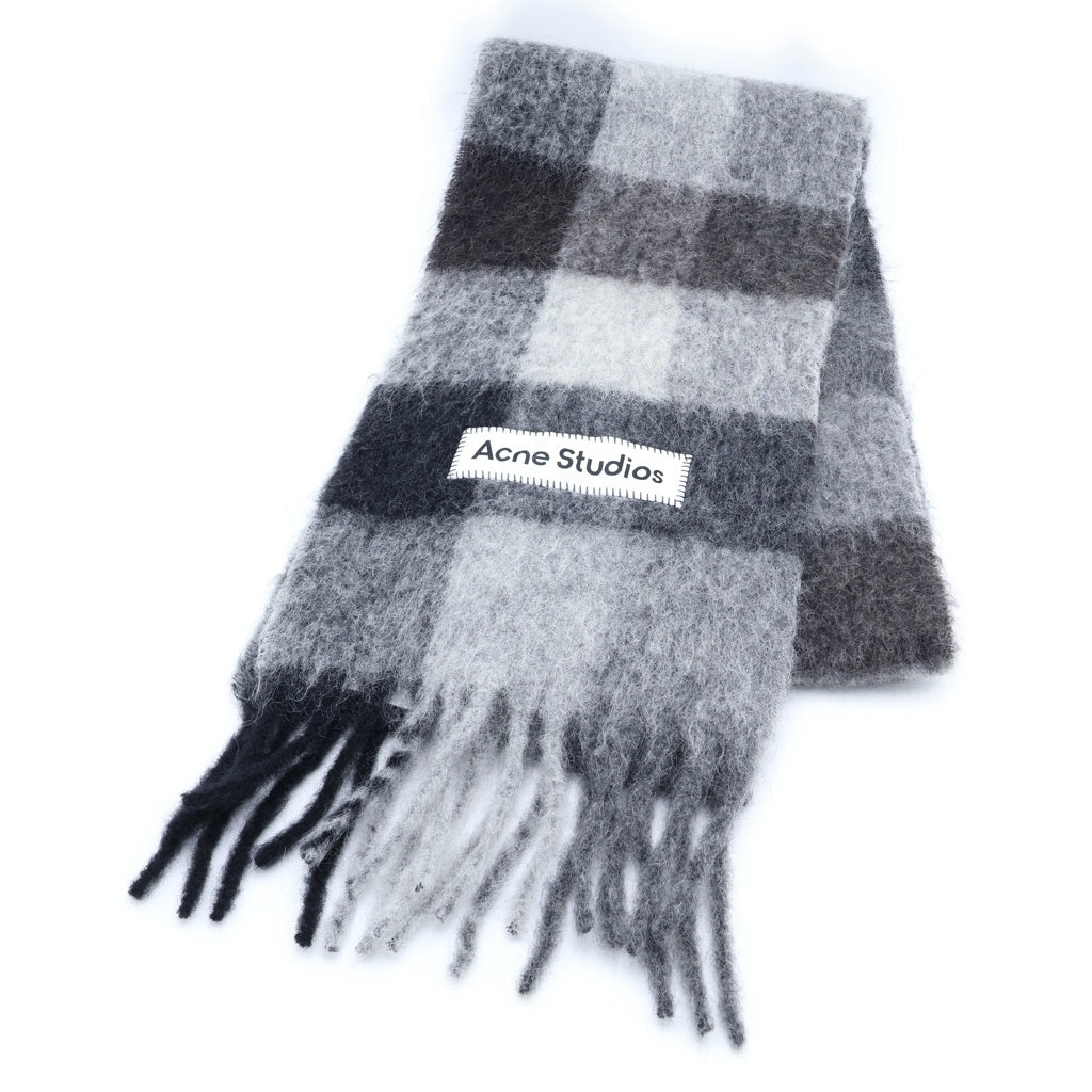 Acne Studios(アクネ ストゥディオズ) モヘア フリンジチェックマフラー ブラック/グレー CA0084- CA0084-