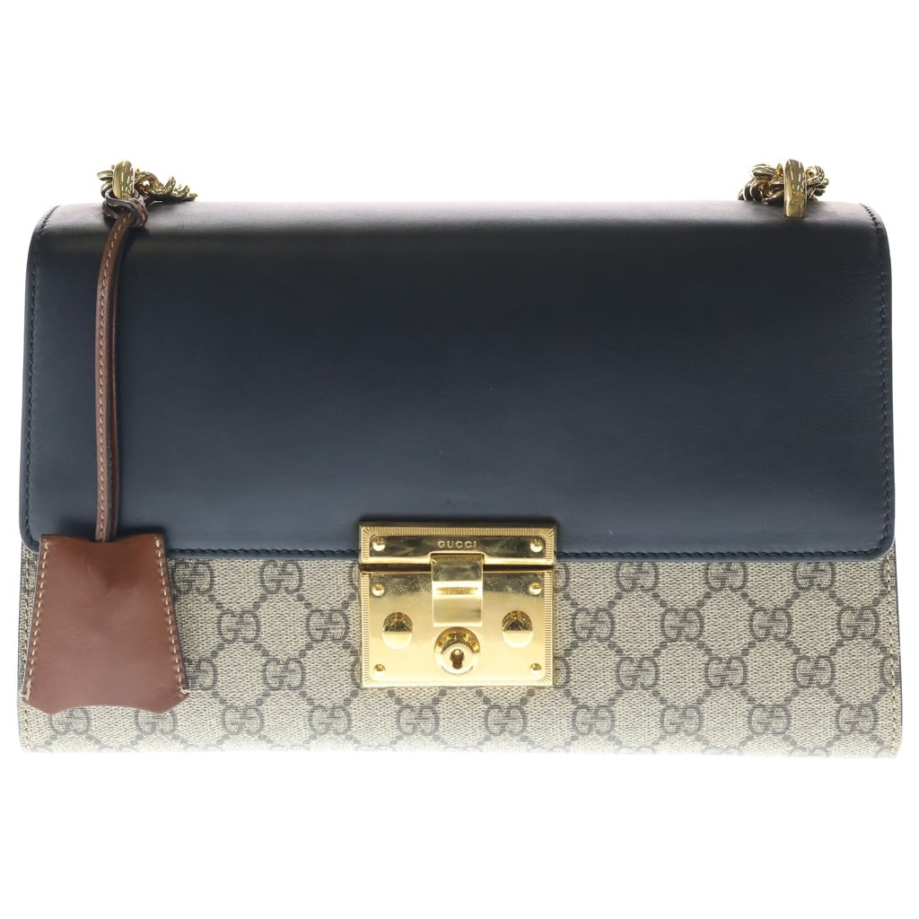 GUCCI(グッチ) GGスプリーム パドロック ショルダーバッグ セミショルダー チェーンバッグ レザー ブラック/ブラウン 黒 ゴールド金具 409486 409486 レディース
