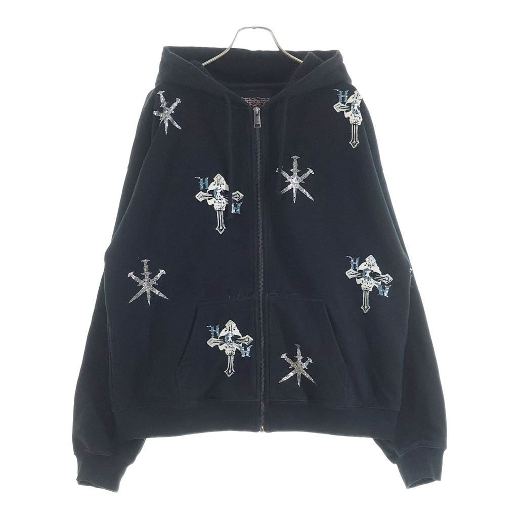 UNKNOWN LONDON(アンノーンロンドン) ×HWC RHINESTONE SWEAT HOODIE ラインストーン ジップパーカー ブラック