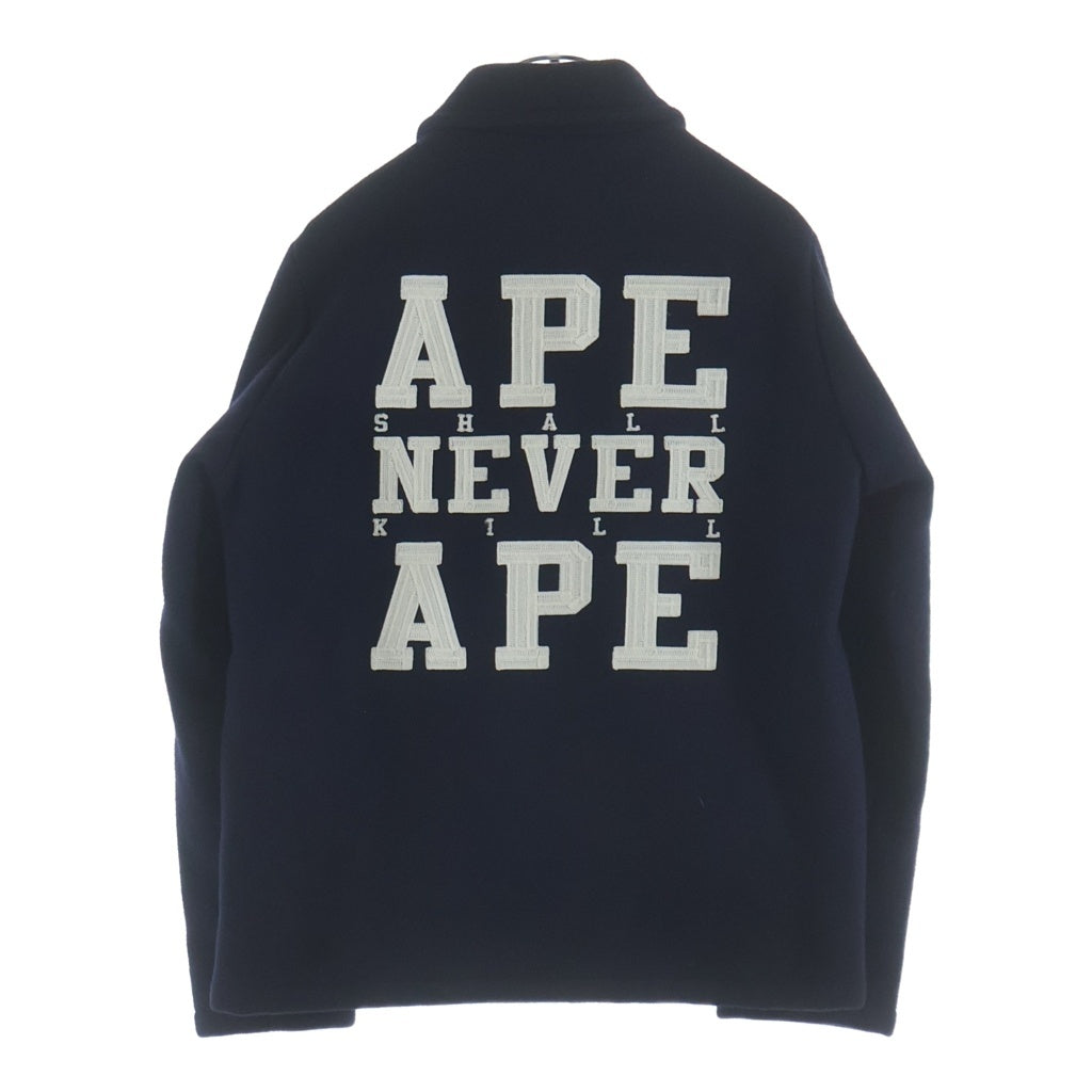 A BATHING APE(アベイシングエイプ) バックロゴデザイン ウールメルトンジャケット ジップアップブルゾン ネイビー
