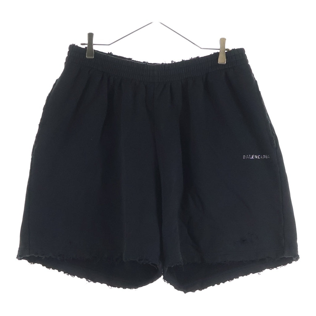 BALENCIAGA(バレンシアガ) ロゴラインストーン ダメージ加工 スウェットショートパンツ ブラック 676137 TQVY1