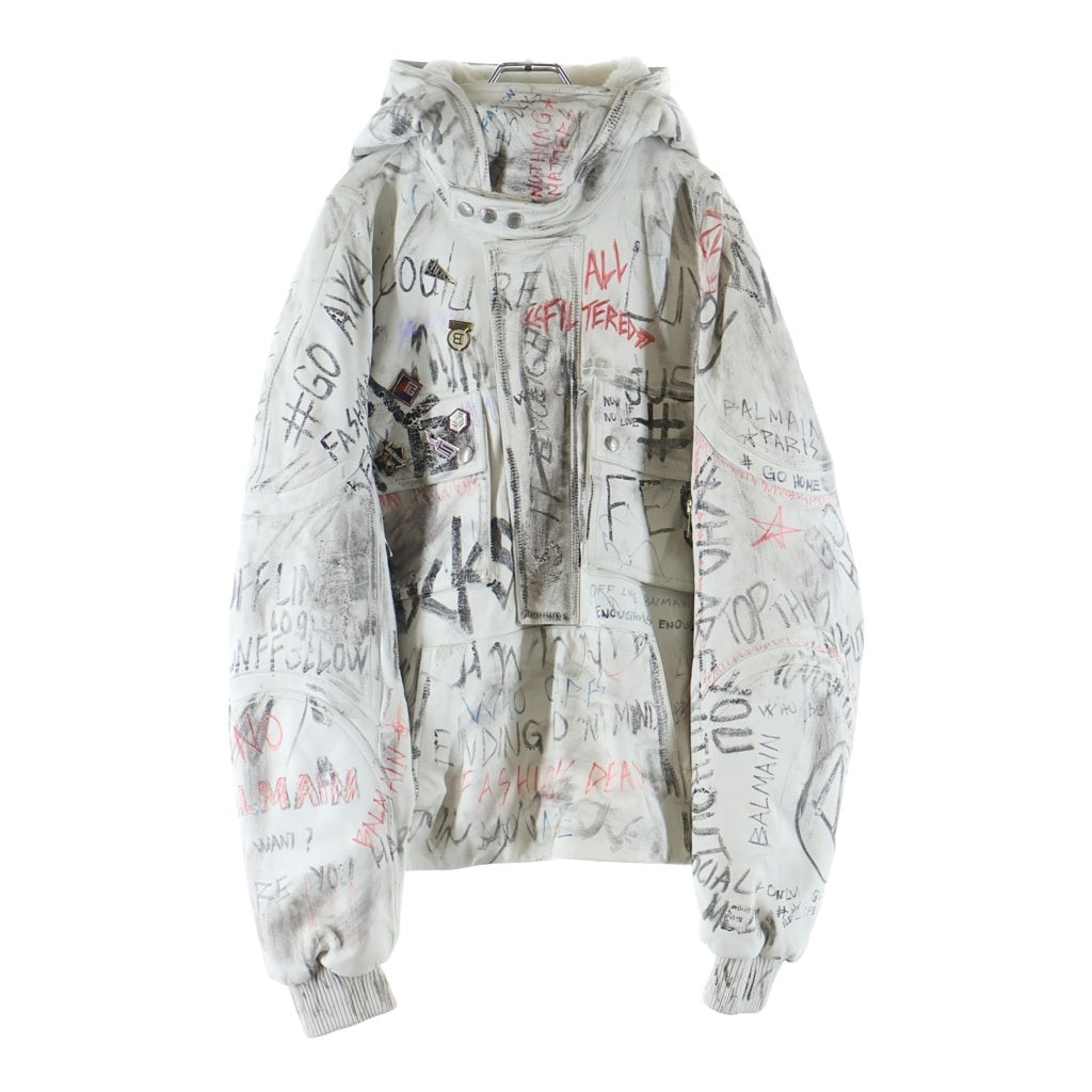 BALMAIN(バルマン) グラフィックプリント レザーフーデットジャケット ホワイト TH240LB67
