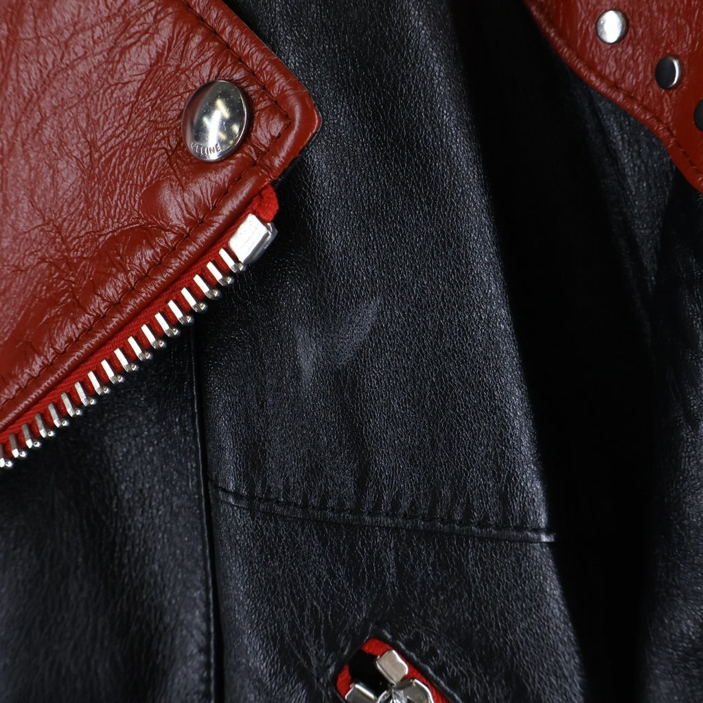 CELINE(セリーヌ) Loose Fit Studded Biker Jacket Soft Lambskin ルーズフィットスタッズバイカージャケット ソフトラムスキン 2ED37280D ブラック/レッド