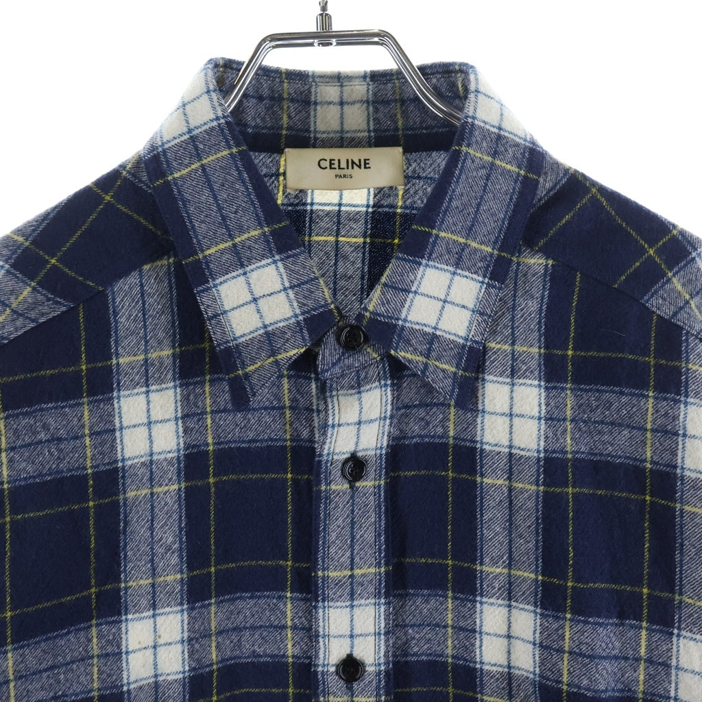 CELINE(セリーヌ) 21AW Check Wool Oversized Shirts チェック柄 オーバーサイズ 長袖ウールシャツ ブルー/ホワイト 2C555198O