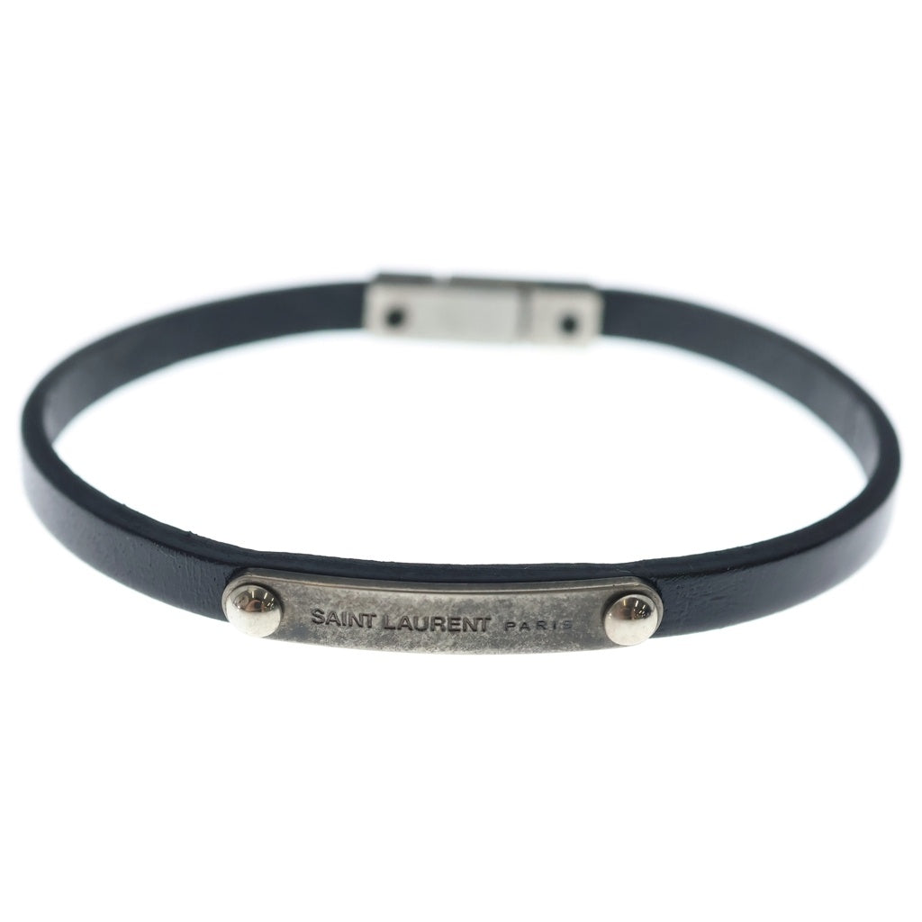 SAINT LAURENT PARIS(サンローランパリ) IDプレートブレスレット レザーブレスレット シルバー/ブラック