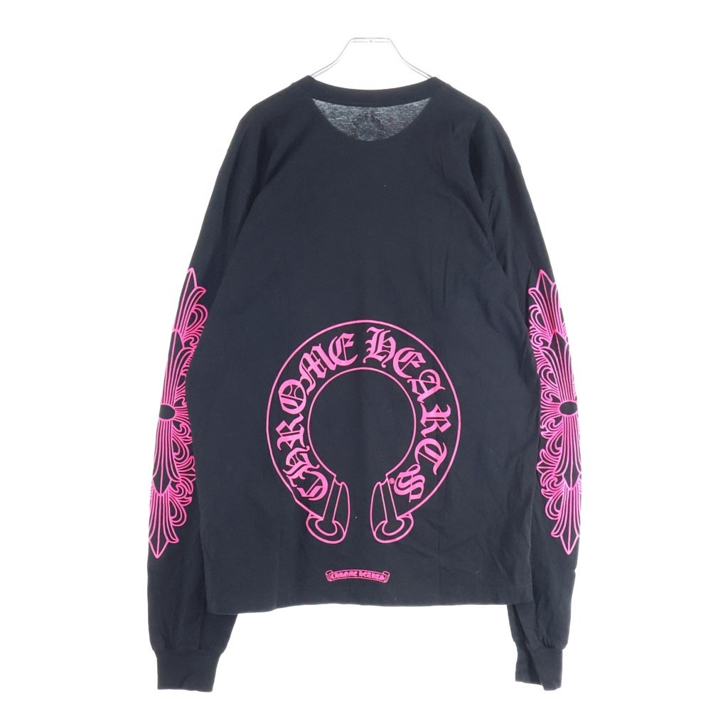 CHROME HEARTS(クロムハーツ) FLRL CRS HORSESHOE L/S 袖フローラルプリント クルーネック長袖Tシャツカットソー ブラック /ピンク