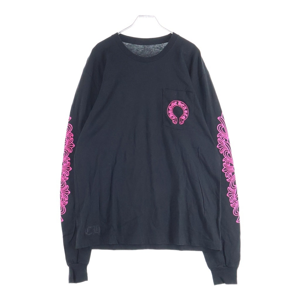 CHROME HEARTS(クロムハーツ) FLRL CRS HORSESHOE L/S 袖フローラルプリント クルーネック長袖Tシャツカットソー ブラック /ピンク