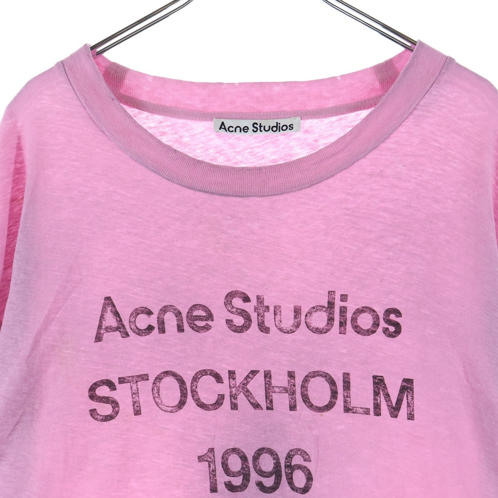 Acne Studios(アクネ ストゥディオズ) 25SS 汚れダメージ加工ロゴ クルーネック半袖カットソーTシャツ ピンク FN-UX-TSHI000013