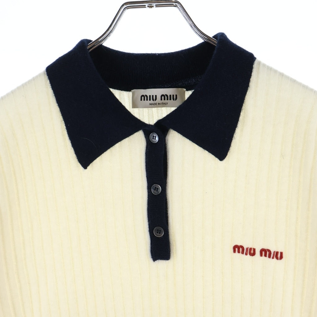 miumiu(ミュウミュウ) ロゴエンブロイダリー リブカシミヤ ポロシャツ ホワイト MMLA34SOOO1580