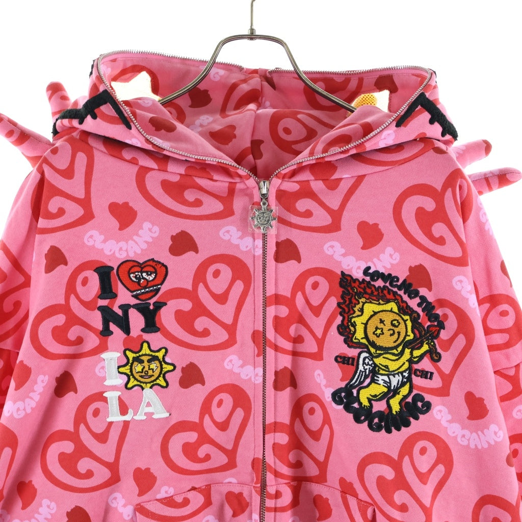 NO BRAND(ノーブランド) GANG I HEART GLO HOODIE グロギャング グラフィックロゴエンブロイダリー フルジップフーディー ピンク