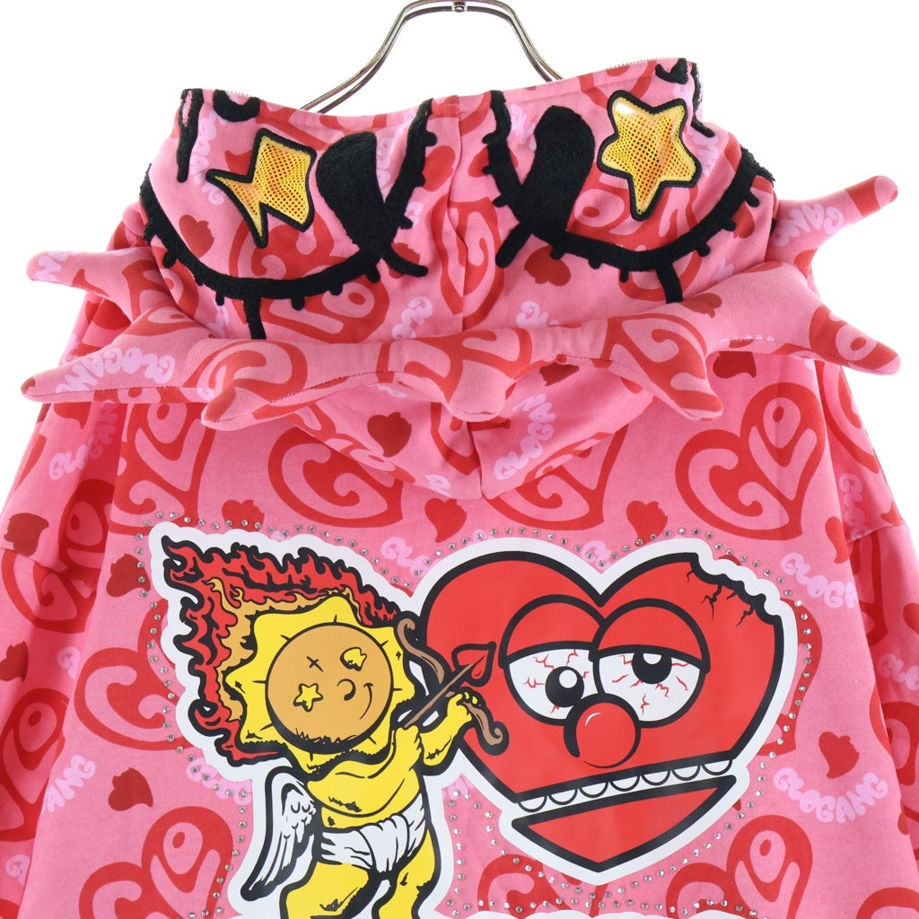 NO BRAND(ノーブランド) GANG I HEART GLO HOODIE グロギャング グラフィックロゴエンブロイダリー フルジップフーディー ピンク