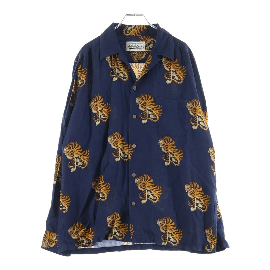 WACKO MARIA(ワコマリア) TIGER L/S HAWAIIAN SHIRT タイガー刺繍 長袖ハワイアンシャツ ネイビー