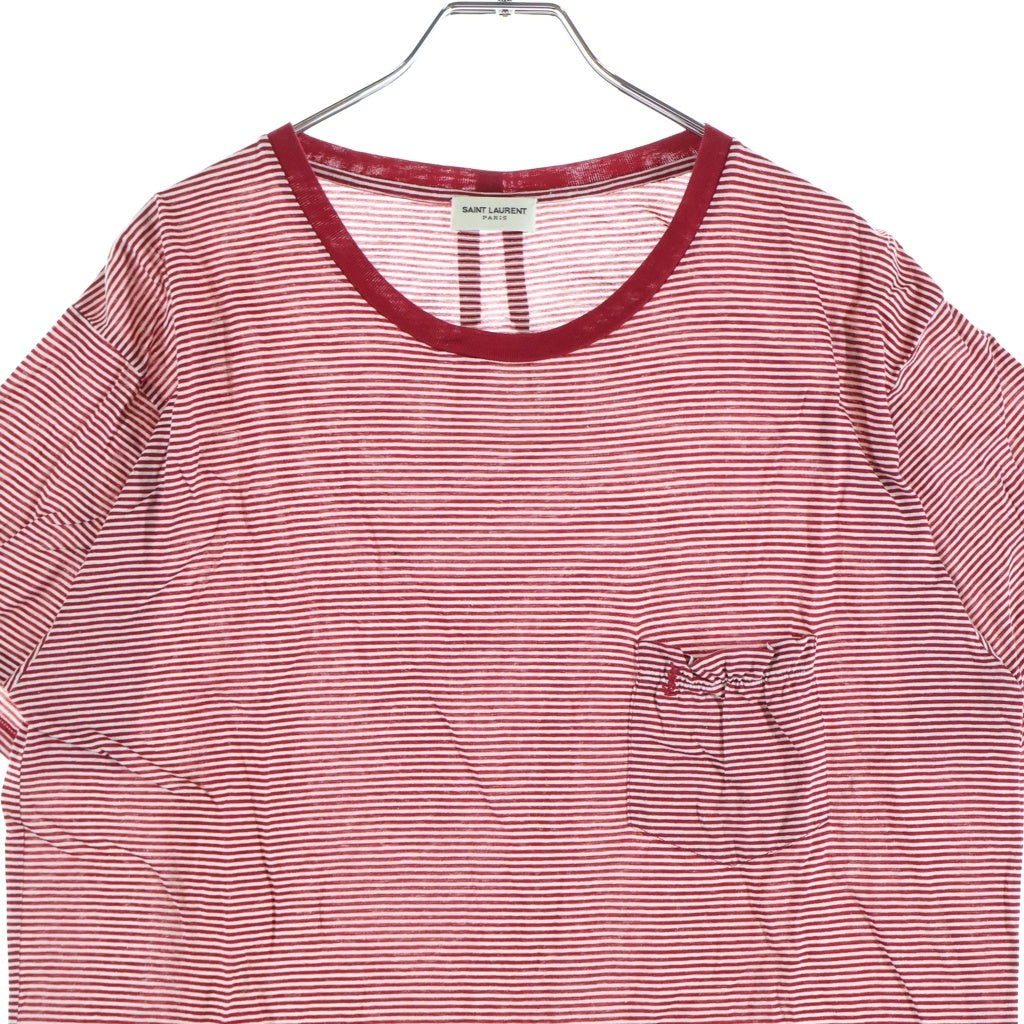 SAINT LAURENT PARIS(サンローランパリ) カサンドラ刺繍 クルーネック半袖ボーダーTシャツ レッド/ホワイト 331324 Y2BB1
