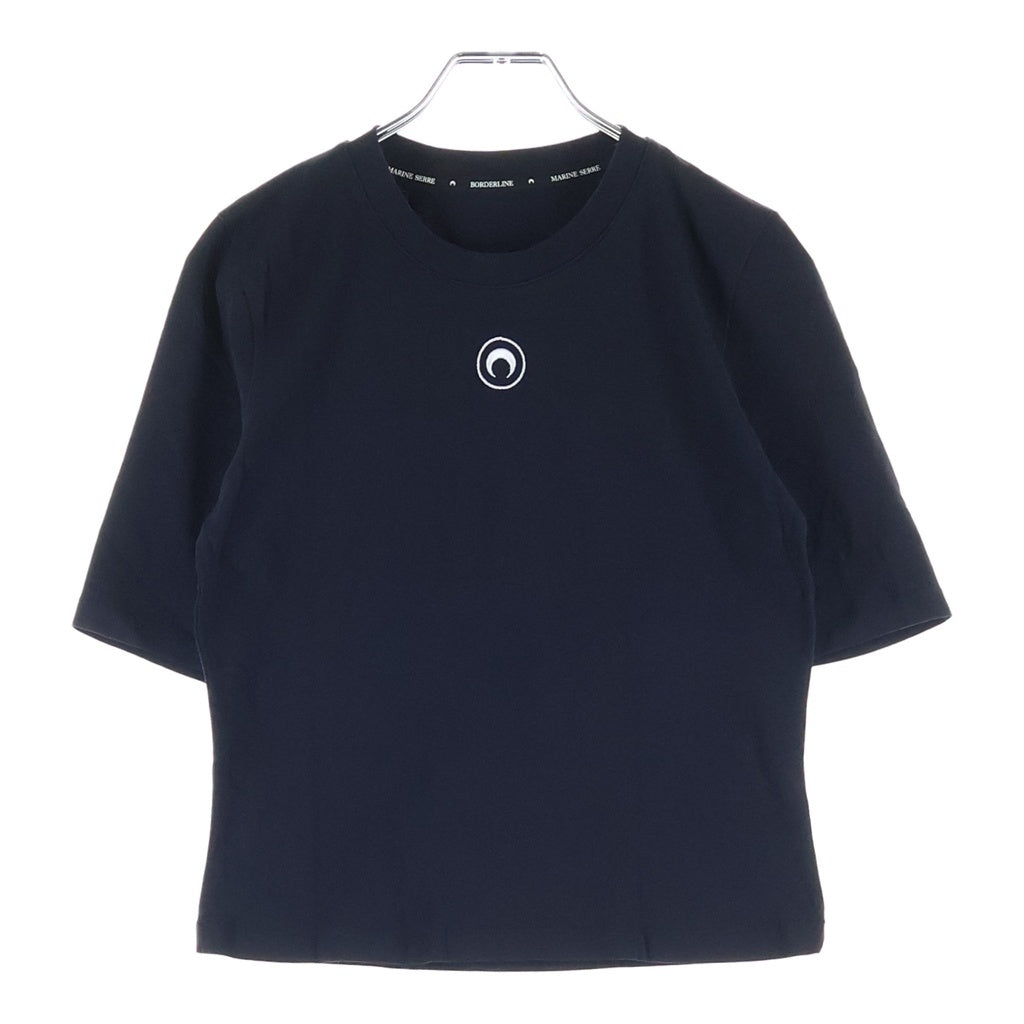 MARINE SERRE(マリーン セル) フロントロゴ刺繍 タイト半袖Tシャツ カットソー ブラック レディース