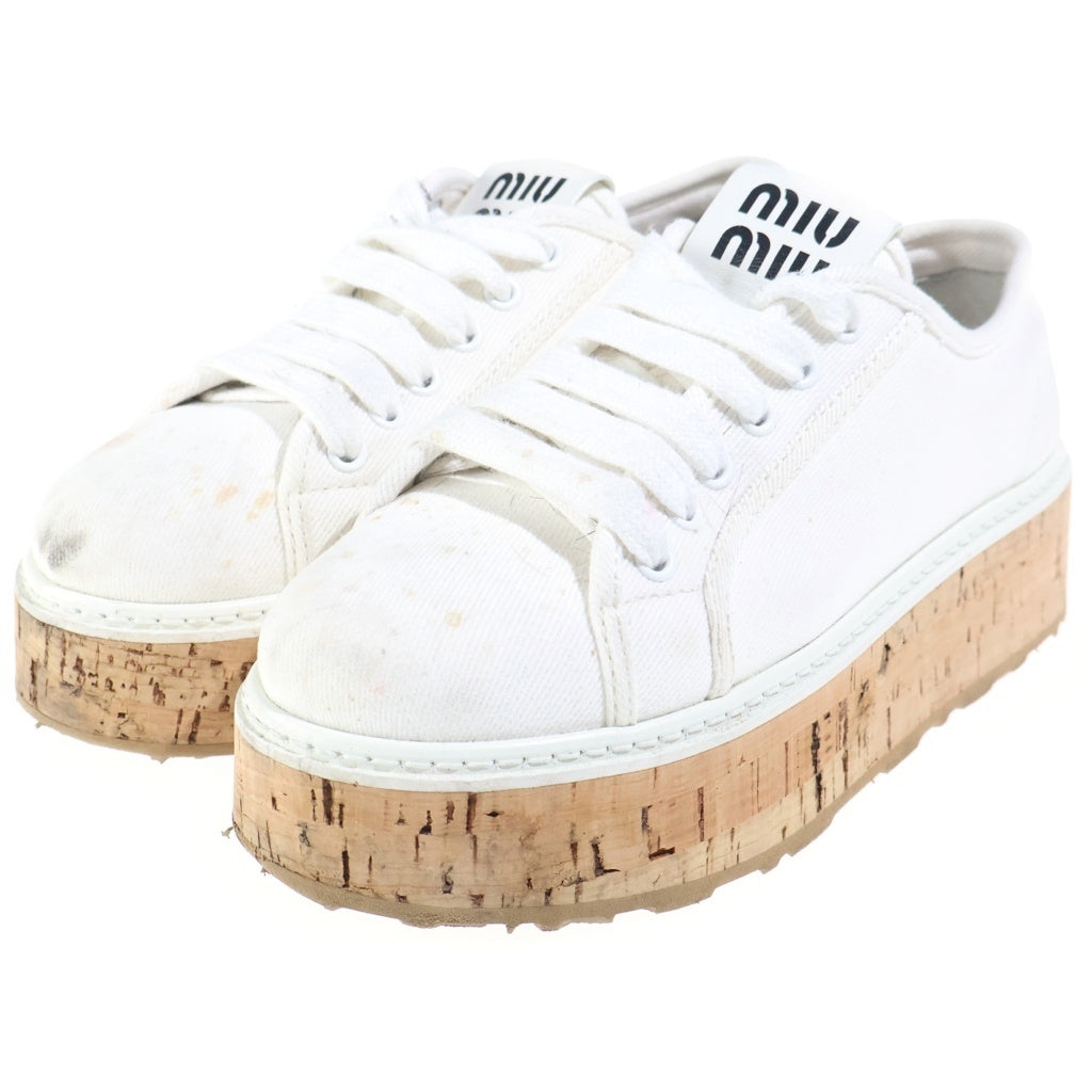 miumiu(ミュウミュウ) キャンバス地 コルク厚底スニーカー ホワイト/ブラウン レディース