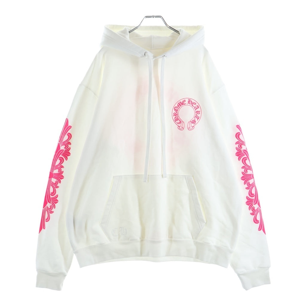 CHROME HEARTS(クロムハーツ) FLRL CROSS HOSESHOE PULLOVER HOODIE 袖フローラル バックホースシュー プルオーバースウェットパーカー ホワイト/ピンク