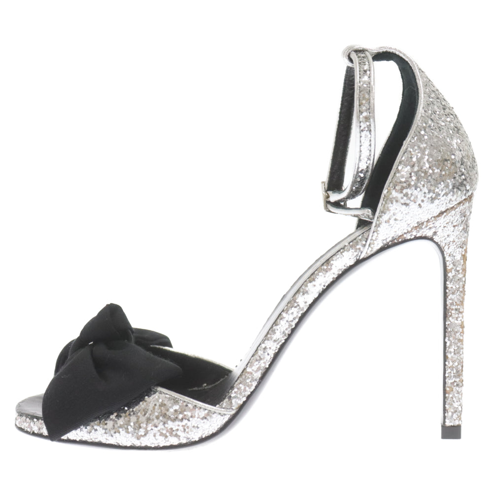 SAINT LAURENT PARIS(サンローランパリ) Sequins Heel Pumps グリッター 438805 リボンモチーフ サンダル ヒール パンプス シルバー/ブラック