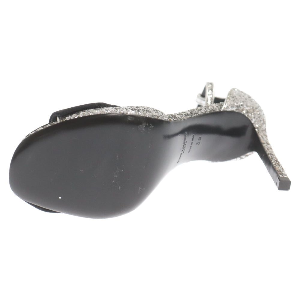 SAINT LAURENT PARIS(サンローランパリ) Sequins Heel Pumps グリッター 438805 リボンモチーフ サンダル ヒール パンプス シルバー/ブラック